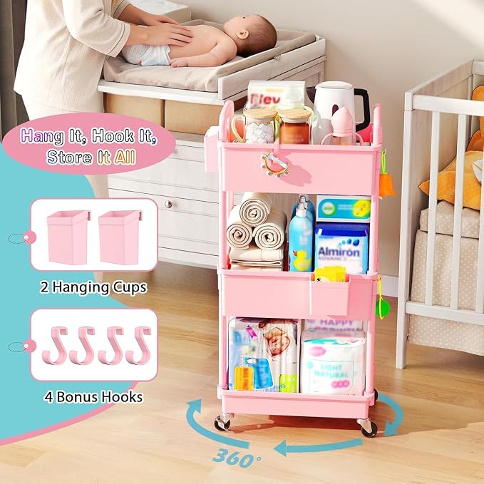 SUNALLY Baby Diaper Caddy Cart, 3 Tier Rolling Diaper Cart for Nursery,Pink | Large Capacity & Easy Assemble Diaper Storage Organizer with Lockable Wheels for Newborn, New Mom, Baby Girl Boy Essentials - Image 4