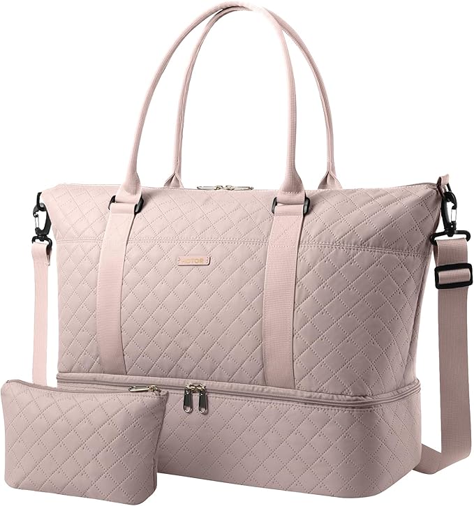 HOTOR Travel Duffel Bag - Weekender Bags for Women, Carry On Gym Tote Bags | with Toiletry Bag & Shoe Compartment, Overnight Bag for Travel Essentials and Travel Accessories, Pink, 15.8"×18.1"×8.7" by HOTOR