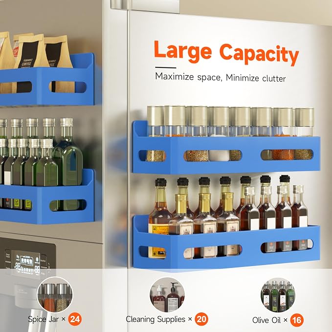4-Pack Magnetic Spice Rack for Refrigerator with Hooks, Blue | Strong multipurpose magnetic shelf for kitchen & bathroom organization. Includes 4 removable hooks for hanging items. - Image 4