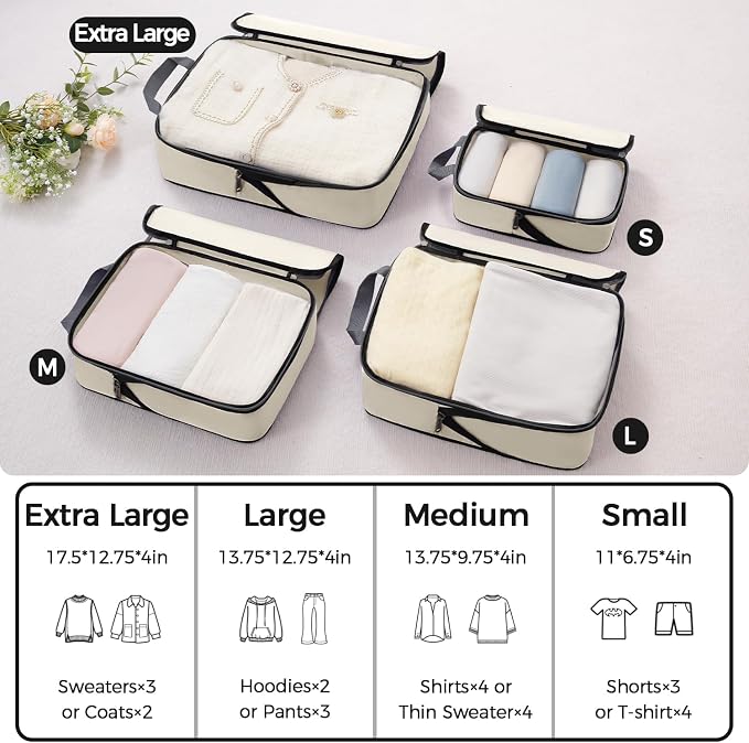 BAGAIL 4 Set/6 Set/8 Set Compression Packing Cubes Travel Accessories Expandable Packing Organizers (Cloth Pattern, 4-Beige) - Image 2