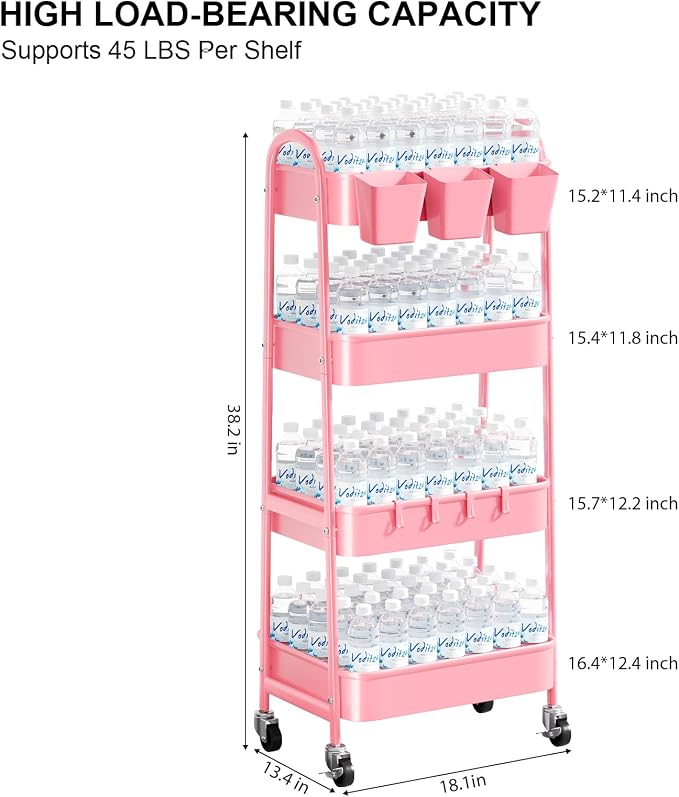 4 Tier Rolling Cart Metal with Lockable Wheels, Four Tiered Utility Carts | Pink Storage Organizer Trolley Cart on Wheels for Bathroom, Kitchen, Art, Craft, Baby Diaper Caddy, Snack, Makeup, Nail, Lash - Image 9