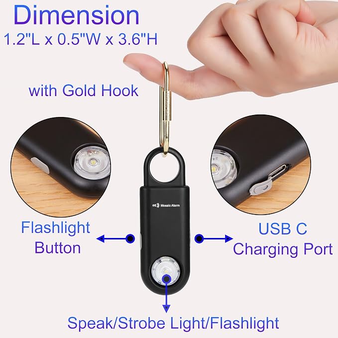 135dB Rechargeable Personal Safety Alarm Strobe Light Flashlight Keychain Siren for Women, Girls, College, School Students Emergency SOS Alerts Loud Sound Hiking Alarm Torchlight Bear Deterrent. Black - Image 6
