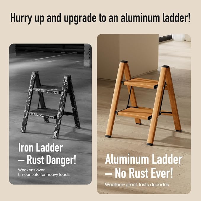 Mayi Plus 2 Step Stool Foldable, Aluminum, Lightweight Step Ladder | Extra-wide anti-slip folding steps with 330 lbs, for home,kitchen,office,outdoor,Woodgrain - Image 3