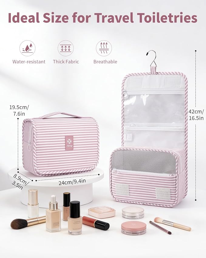 Narwey Small Hanging Toiletry Bag for Travel Women Girl, Striped Toiletries Travel Bag with Hook, Hanging Makeup Bag Organizer Make Up Cosmetic Bags, Gifts for Kids Teen (Dusty Pink Stripe) - Image 2