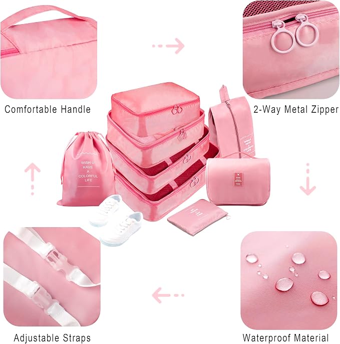 Packing Cubes, 8 Pcs Travel Packing Organizers for Suitcases, Large Capacity Travel Luggage Organizers Set includes 8 Storage Bags for Women or Men (Pink) - Image 6
