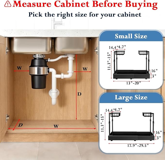 Aisslro Under Sink Organizer, 2 Tier Pull Out Cabinet Organizer, Expandable & Adjustable Slide Out Shelf 17.9''–29.5'', Under Sink Storage for Kitchen Bathroom Laundry Cabinet Storage, Black - Image 2
