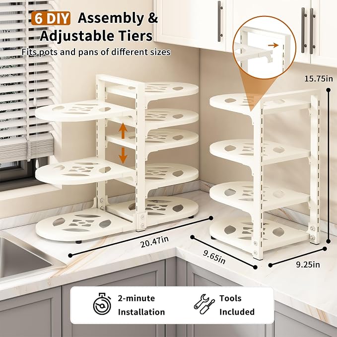 Adjustable Heavy Duty Pots and Pans Organizer Under Cabinet, 8-Tier Pot and Pan Organizers Inside Cabinet, Kitchen Cabinet Organizers and Storage, White - Image 3