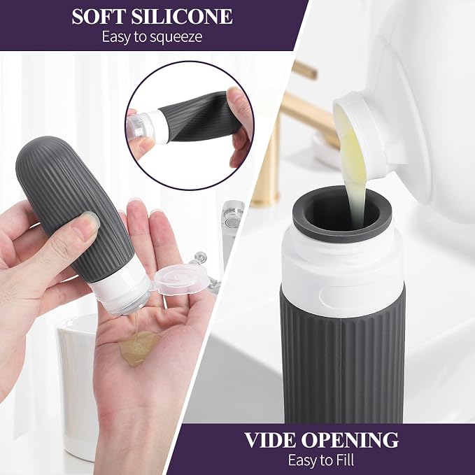 ME.FAN Travel Bottles for Toiletries,18 Pack Silicone Portable Size Bottle, TSA Approved Refillable Cosmetic Container Kits for Conditioner, Shampoo, Lotion,Face Cream - Grey - Image 3