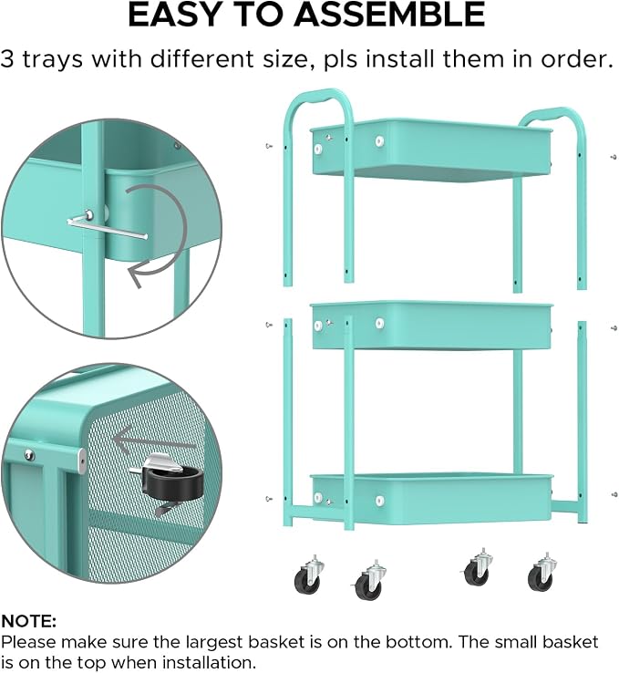 MAX Houser 3-Tier Rolling Utility Cart with Caster Wheels,Easy Assembly, for Kitchen, Bathroom (Turquoise) | Easy Assembly, multi-purpose storage trolley for kitchen, rolling cart with smooth caster wheels for bathroom - Image 7