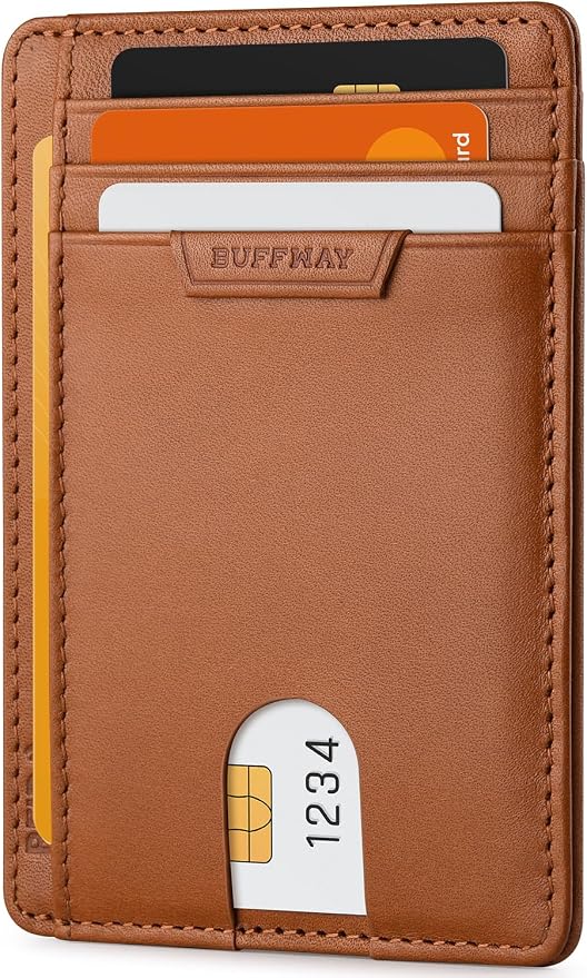 Buffway Slim Wallet for Men Women Minimalist Small Leather Front Pocket Wallets with RFID Blocking and Gifts Box - Bassa Brown by Buffway