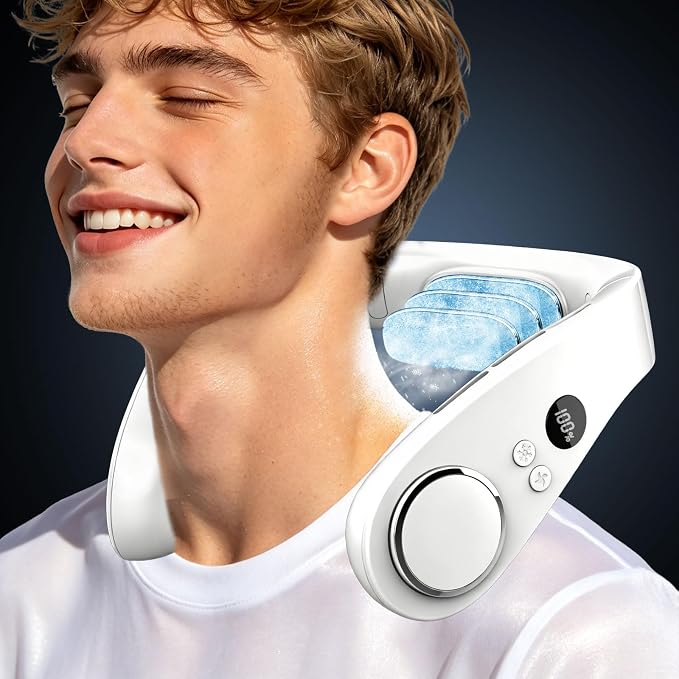 Neck Fan with Cooling Plate-24H Quiet Powerful Fans that Blow Cold Air-5 Speed&Power LED Display-USB 5500mAh Bladeless Wearable Personal AC Cooler for Women,Men,Kids,Travel,Outside,Indoor White by KJXICNeckFan