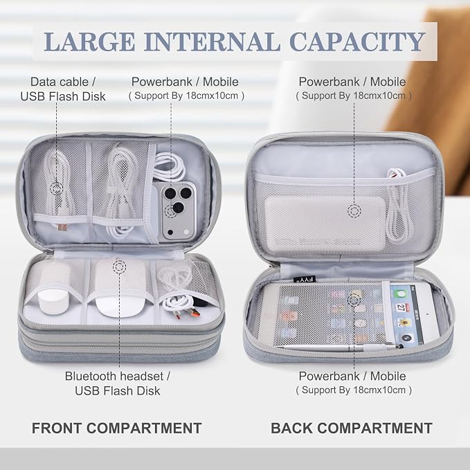 FYY Electronic Organizer, Travel Tech Pouch Bag, Large, Light Grey | Wrist Strap, Waterproof, Double Layers Portable Electronics Travel Carrying Case for Cord, Charger, Daily Business Trips Use - Image 3