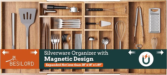 Silverware Organizer Large, Magnetic Connected Expandable 13 Slots Silverware Drawer Organizer From 21 to 37.4 Inches, Adjustable Flatware and Cutlery Holder, Bamboo Utensil Tray for Kitchen Acacia by Besilord