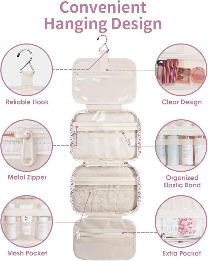 Narwey Hanging Toiletry Bag for Women Travel Makeup Bag Organizer Toiletries Bag for Travel Size Essentials Accessories Cosmetics (Pink Flower (Medium)) - Image 4