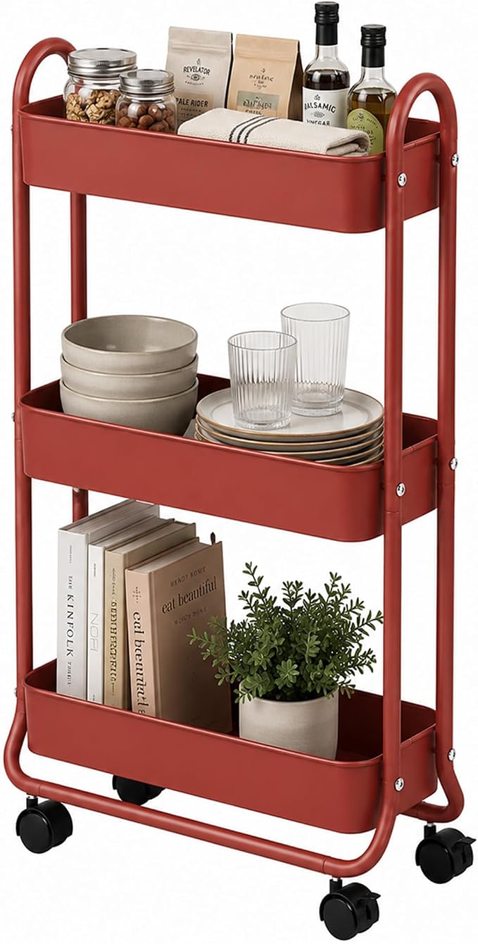 SunnyPoint Slim Rolling Storage Cart, 3 Tier Bathroom Storage Organizer Bathroom, Laundry Utility Cart (RED) by SunnyPoint