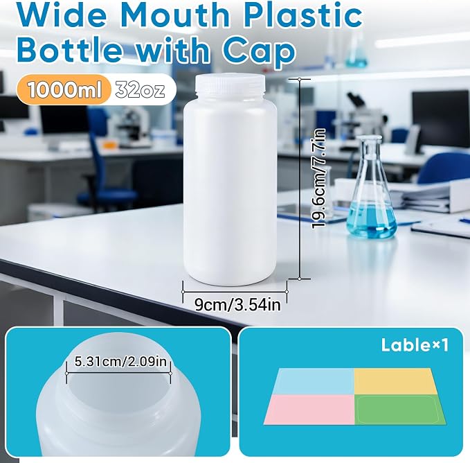DEMORA 32 oz Plastic Bottles with Lids, Airtight Refillable Wide Mouth Travel Bottles for Toiletries, HDPE Food Grade Plastic Containers for Liquids Pill Water Sample Lab Reagent (Translucent, 2 Pcs) - Image 8