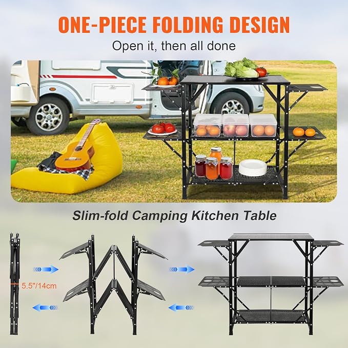 VEVOR Camping Kitchen Table, Aluminum Folding Portable Outdoor Cook Station with 4 Iron Side, 2 Shelves & Carrying Bag, Quick Installation for Picnic BBQ Beach Traveling - Image 6