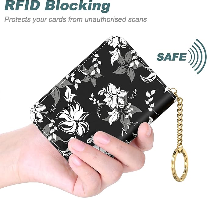 Nipichsha Women's Slim Leather RFID Wallet, Black Flower, Compact Size, 12-Slot with Zipper and Keychain | Leather Card Holder Wallet, Credit Card Wallet Organizer, Business Card Case with Zipper & Keychain, 12-Slot Compartment - Image 4