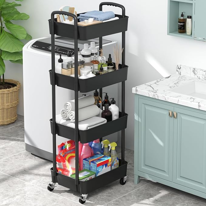 Sywhitta 4-Tier Plastic Rolling Utility Cart with Handle, Multi-Functional Storage Trolley for Office, Living Room, Kitchen, Movable Storage Organizer with Wheels, Black (Pack of 2) - Image 5
