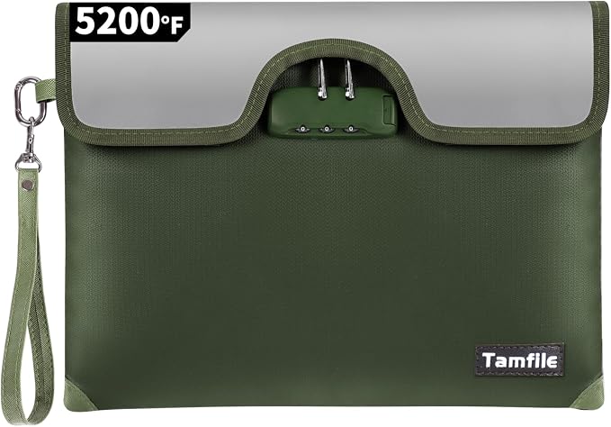 5200°F Fireproof Money Bag with Lock, Water Fireproof Document Bag with Zipper, 8 Layers Fire Insulation, Fireproof Safe Storage Pouch with Lock for Cash, Passport, Certificate(10" x 13", Green) by Tamfile