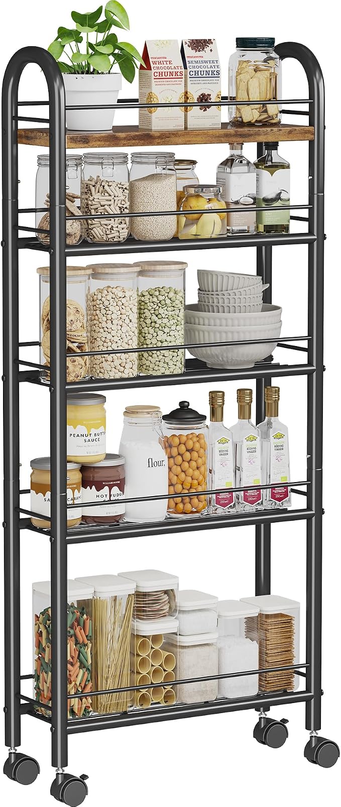 Slim Storage Cart, 5 Tier Narrow Utility Cart with Metal Frame and Wooden Top, Rolling Storage Organizer Shelving Unit for Kitchen, Dining Room, Living Room,Home Office, Vintage by Homeiju