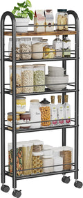 Slim Storage Cart, 5 Tier Narrow Utility Cart with Metal Frame and Wooden Top, Rolling Storage Organizer Shelving Unit for Kitchen, Dining Room, Living Room,Home Office, Vintage by Homeiju