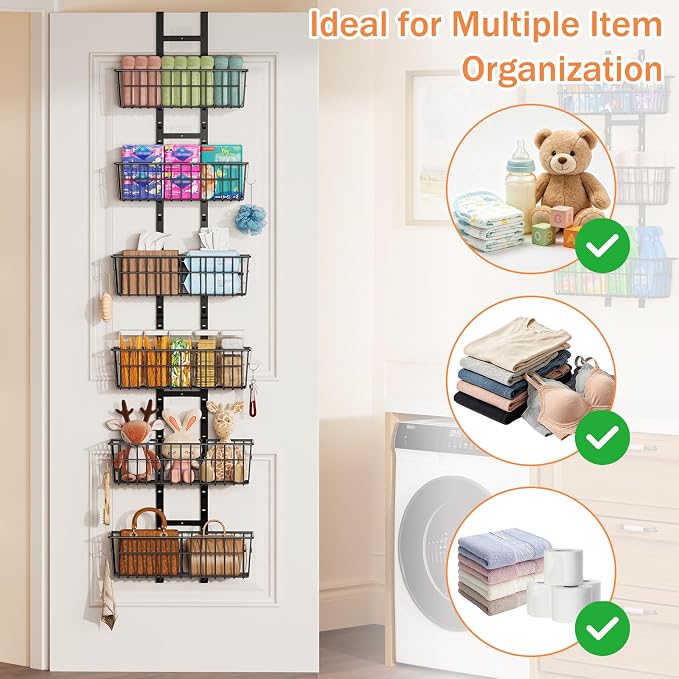 Hongtamoya Over The Door Organizer, Adjustable Hanging Door Organizer with 6 Wire Baskets 5 Hooks, Metal Behind The Door Storage for Pantry Closet Bedroom Bathroom Cabinet Kitchen Laundry Room, Black - Image 9