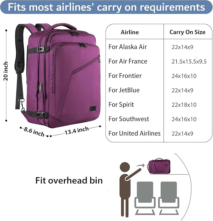 MATEIN Large Purple Travel Backpack, Expandable Airplane Backpack for Women | Carry on Backpack, Casual Daypack, Hidden Shoulder Strap, Airline Approved, Gifts for Work International Trip Travelling - Image 2