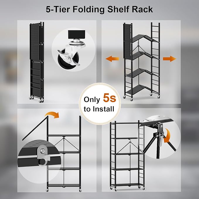 Himix 5-Tier Foldable Storage Shelves with 20 Hooks Wheels Kitchen Black | Folding shelving units, Metal collapsible organization, Wire rack, No assembly, Bookshelf, Garage, Pantry, Holds 440 Ibs - Image 4