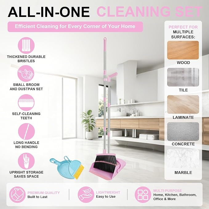 Pink Broom and Dustpan Combo Set, 51" Long Handle Broom with Mini Set | Mini Set for Tables, Kitchens & Tight Spaces, Built-in Comb Dustpan, Foldable Space-Saving Storage, Multi-Surface Use - Image 2