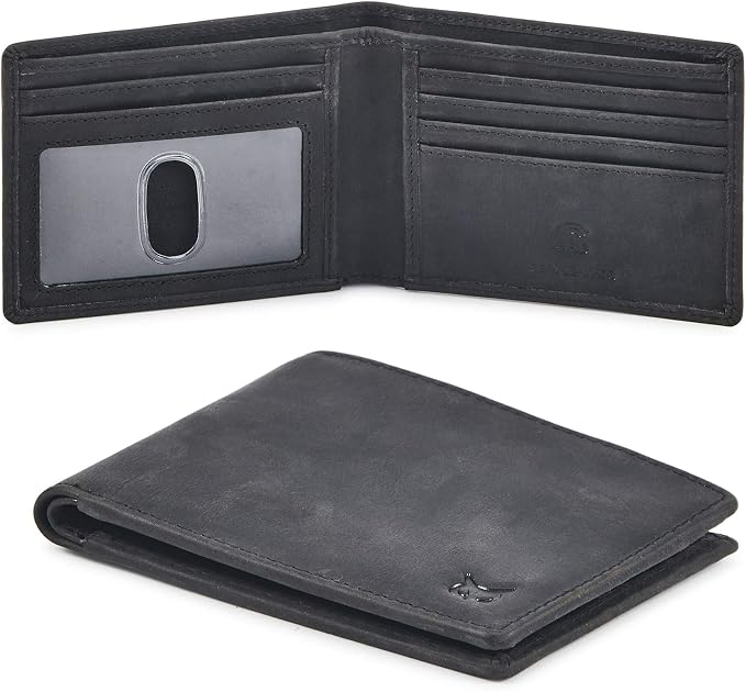 Real Leather Mens Bifold Wallet RFID Blocking Slim Minimalist Front Pocket - Thin & Stylish with ID Window in Gift Box (Crazy Horse, Black) by WiseOwlAccessories