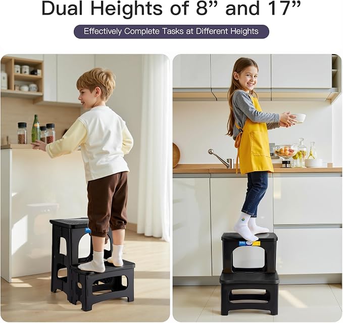 Korpai Folding 2 Step Stools,8" & 17" Dual Heights,Folding Step Hold up to 250 lbs,Step Stools for Adults and Kids,Step Stool for Dorm Bed,Kitchen Bedroom Office,Truck ect,Black - Image 6