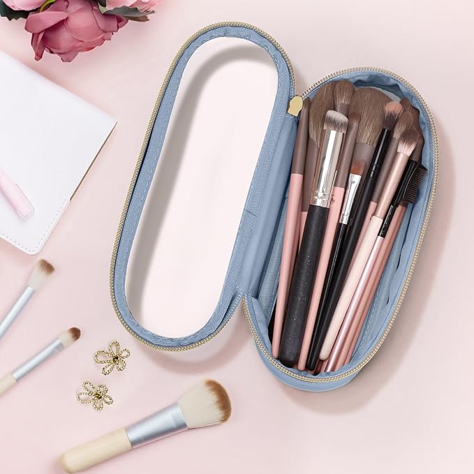 Soimeat Clear Travel Makeup Brush Holder, Leather Makeup Brush Toiletry Bag, Portable Cosmetic Brush Case, Transparent Waterproof Makeup Brush Storage Bag, Blue - Image 2