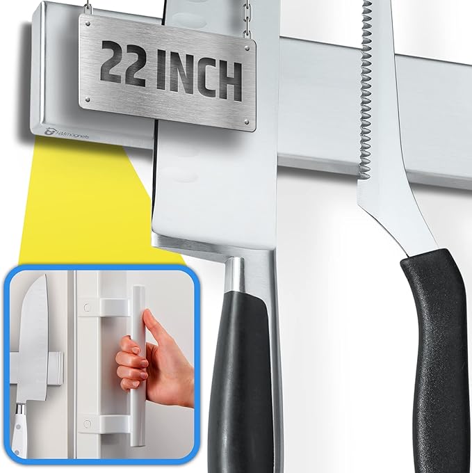 22" Premium Magnetic Knife Holder for Refrigerator (Double-Sided Heavy-Duty Magnets) - Upgraded Strip for Strong Fridge Mount - Clear Up Counter Space - 304 Anti-Rust Stainless Steel (Upgraded Design) by HMmagnets