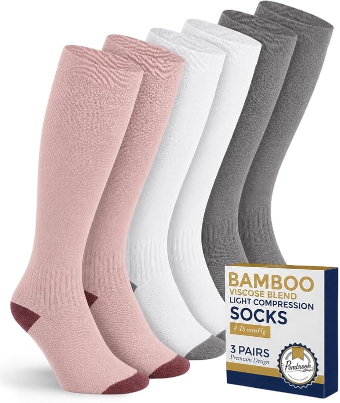 Pembrook® Bamboo Viscose Light Compression Socks - 3 Pairs | 8-15 mmhg Compression Socks | Knee High Comfort Support Socks by Pembrook