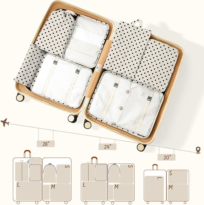 9 Set Packing Cubes for Travel Essentials - Lightweight Carry-On Luggage Organizer Bags with Shoe, Clothes & Laundry Bags for Airplane, Family & Business Travel, Polka dots - Image 4