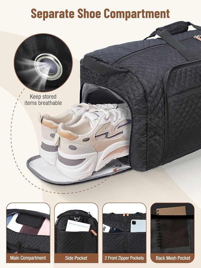 Lekesky Foldable Travel Duffel Bag for Women, 80L Large Duffle Bag with Separate Shoes Compartments & Straps, Carry On Weekend Bag for Women, Hospital, Overnight(Black Quilted) - Image 4