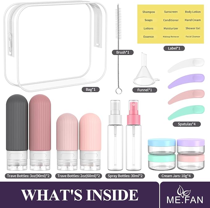 ME.FAN Travel Bottles for Toiletries,18 Pack Silicone Portable Size Bottle, TSA Approved Refillable Cosmetic Container Kits for Conditioner, Shampoo, Lotion,Face Cream - Pink - Image 2