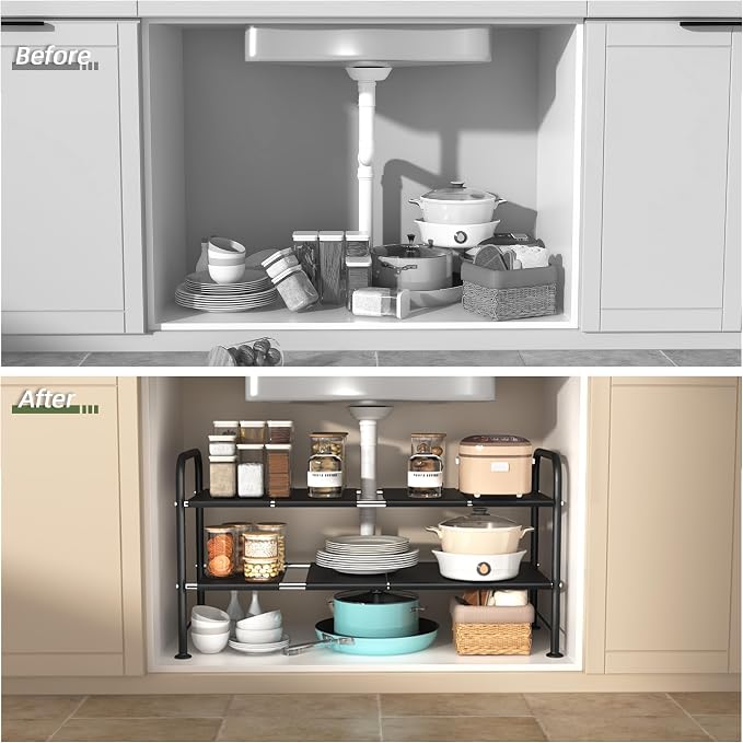Under Sink Organizers and Storage,Expandable under cabinet organizer Shelf | 2 tier expandable shelf for kitchen and bathroom,8 Removable Carbon Steel Panels,27.36-36.02" W x 12.28" D x 16.93" H - Image 2
