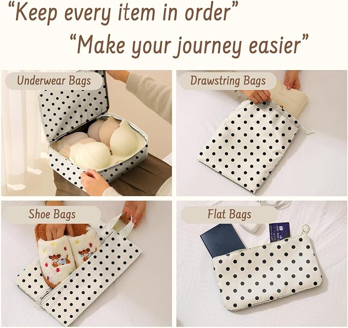 9 Set Packing Cubes for Travel Essentials - Lightweight Carry-On Luggage Organizer Bags with Shoe, Clothes & Laundry Bags for Airplane, Family & Business Travel, Polka dots - Image 2