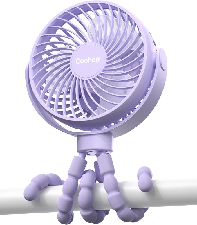 Coohea Clip on Stroller Fan, Rechargeable Long-Lasting Power Wind Fan | 4000mAh Battery Operated, 360° Rotatable Flexible Tripod, 3 Adjustable Speed, Portable Fan for Car Crib Backseat Beach Travel by Coohea