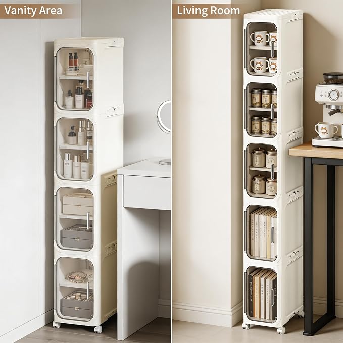 5-Tier Narrow Storage Cabinet Slim Bathroom Tall Skinny Organizer，Beige | Foldable Storage Cabinet with Lockable Rolling Wheels Magnetic Clear Door Adjustable Detachable Shelves For Narrow Space - Image 7