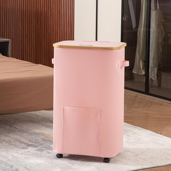 Vincona Laundry Basket with Wheels, Tall Dirty Clothes Hamper on Wheels, Rolling Laundry Hamper with lid for Dorm, Bedroom and Bathroom (Pink, 100L) - Image 7