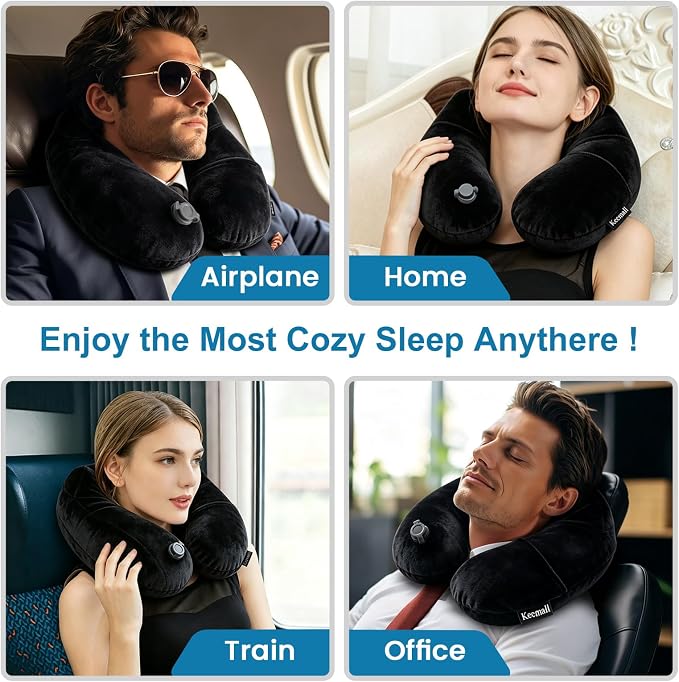Keemall Portable Inflatable Travel Neck Pillow for Airplane, Car & Office | Ergonomic Velvet Cervical Cushion Relieves Neck Pain, Great for Business Travel, Plane, Car & Daily Commute, Premium Black - Image 4