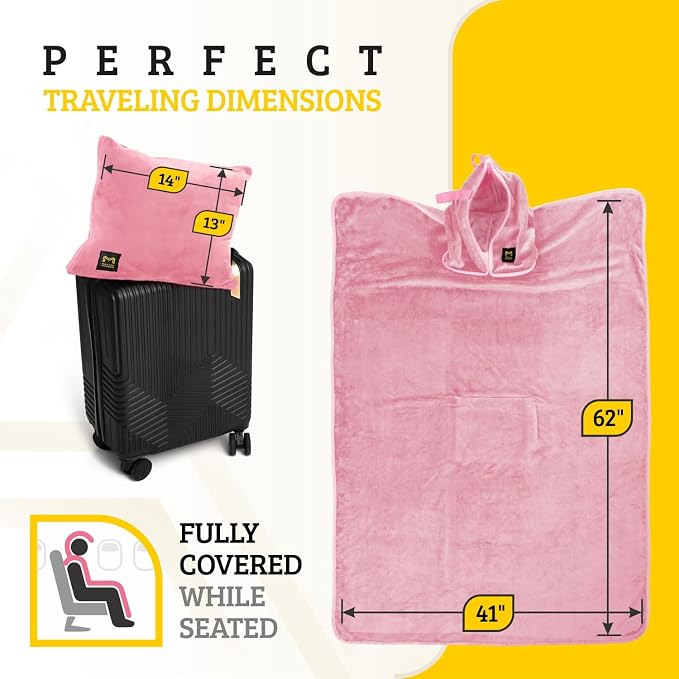 Travel Blanket Airplane Compact with Hoodie – 2in1 Airplane Travel Accessories from Plane Blanket to Travel Pillow with Luggage Strap, Soft Handle & Secure Pocket (Light Pink, 62x41'') | 300 GSM fleece airplane blanket; attached hoodie doubles as its s... - Image 6