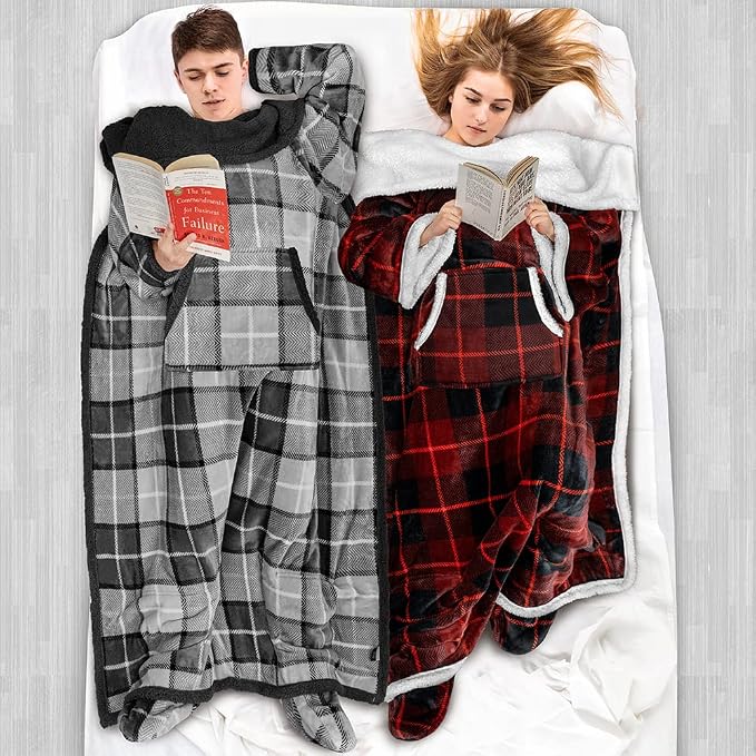 PAVILIA Sherpa Blanket with Sleeves, Foot Pocket for Women Men Adults, Thick Wearable Blanket Throw Wrap, Fleece Warm Snuggle Blanket Robe, Cozy Gift Ideas Wife Mom, Plaid Red - Image 5