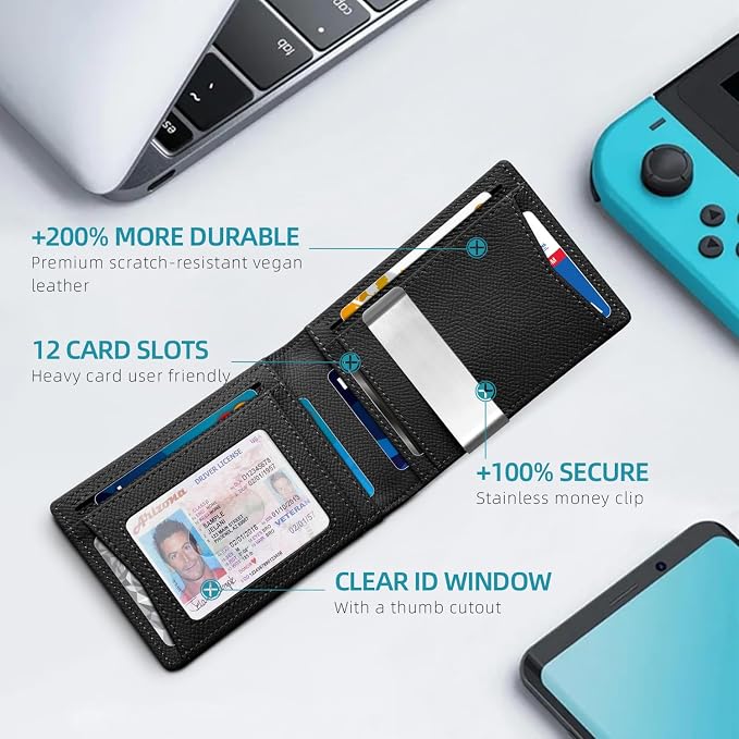 Zitahli Money Clip Wallets for Men,Slim Bifold Wallet 10-12 Cards, Mens Leather Wallet with ID Window,RFID Blocking Thin Minimalist Credit Card Holder,Gifts for Him - Image 2