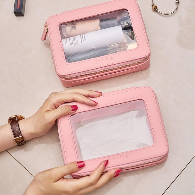 Aveniee Clear Makeup Bag Organizer Set,Portable Travel Toiletry Case for Women, Vegan Leather Cosmetic Pouch Car Bag for Essentials 2pcs,Middle & Large,Pink - Image 4