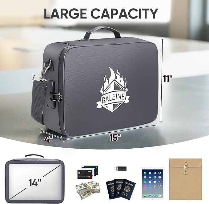 BALEINE Fireproof Document Box with Lock, Portable Fireproof Document Bag Waterproof Fire Proof File Boxes for Documents, File Organizer Box for Important Paperwork (Gray, 15''x11''x4'') - Image 3