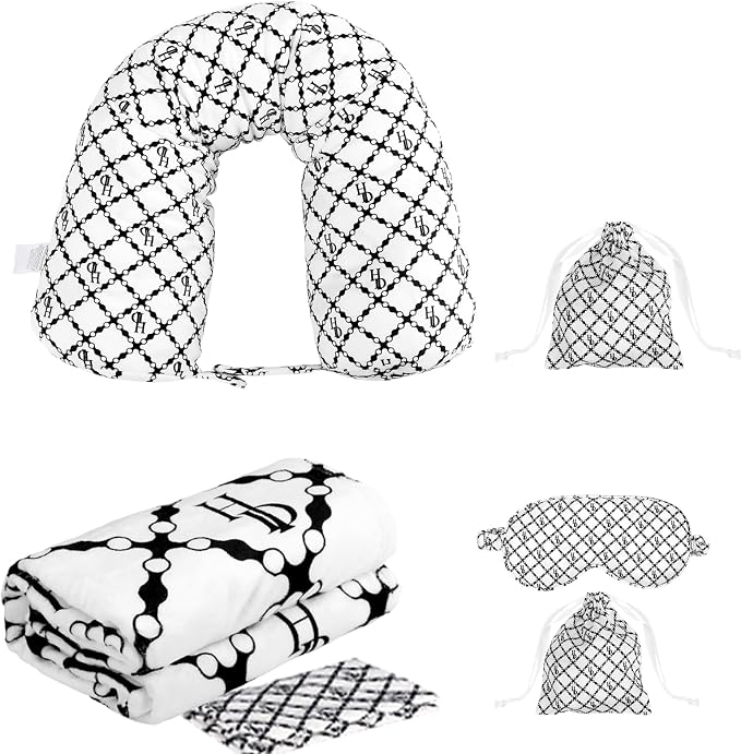 Travel Pillow with Detachable Flannel Blanket & Eye Mask – Plush Velvet Neck Support Pillow for Airplane,Car,Office Rest,Coordinated Digital Print Set (Black Circular Grid, 60in * 79in) by HarmengDen